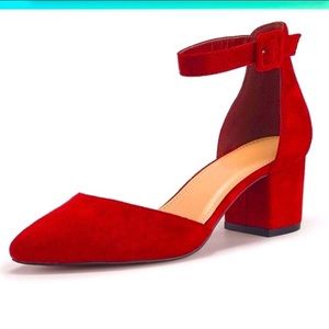 Pointed toe pumps ankle strap buckle chunky heel